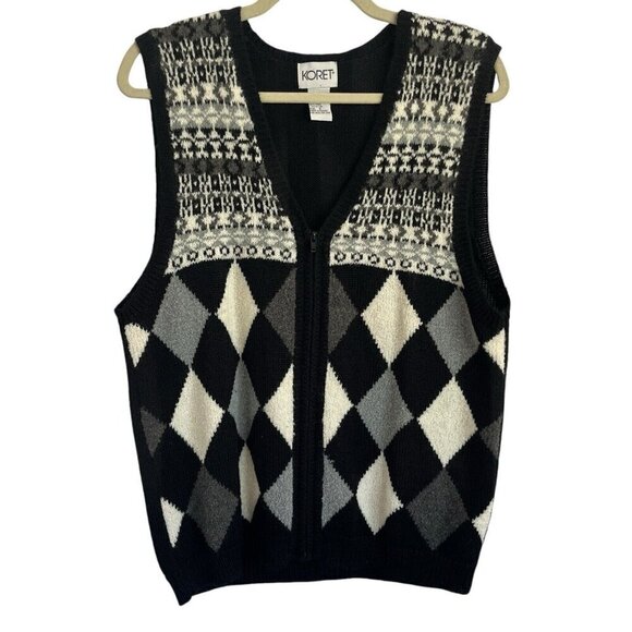 Koret Zip Front Knit Sweater Vest Argyle Diamond Vtg 90s Black White Grandpacore - Picture 1 of 10